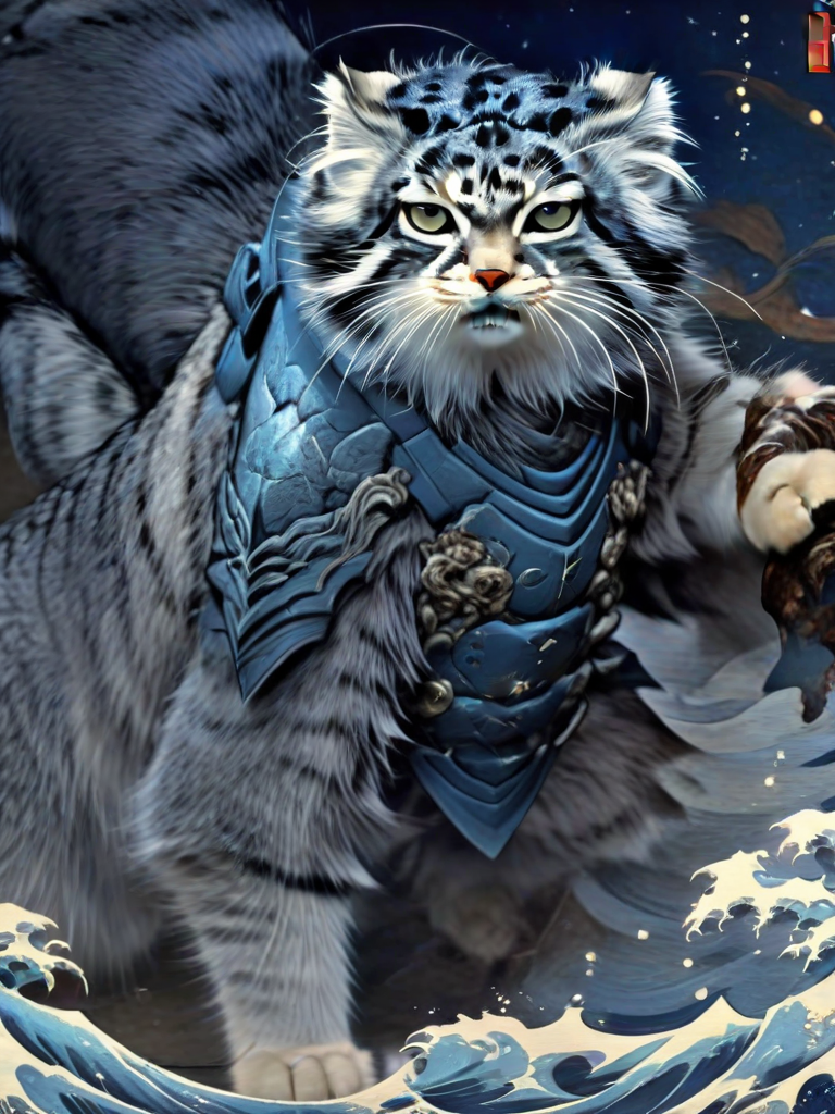 00701-2241745974-full-body, s4s the Pallas's cat, anthropomorphic cat ninja, there is a cat with a fish and a sword on a galaxy background, samur.png